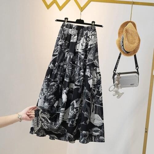 Elastic Paintings Long Plus Large Size Oversize Korean Style Fashion WomenS Clothing Vintage 2021 Casual High Waist Skirts