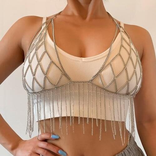 IngeSight.Z Sexy Metal Net Cross Bikini Chest Bra Chain Femme Silver Color Long Tassel Harness Waist Belly Chain Body Jewelry