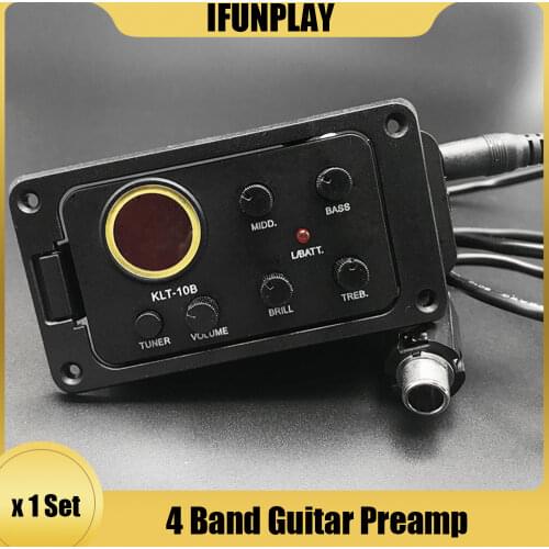 KLT-10B 4 Band EQ Equalizer Piezo Pickup Acoustic Guitar Preamp Round Screen with Tuner Piezo Pickup for 36" 38" Travel Guitar