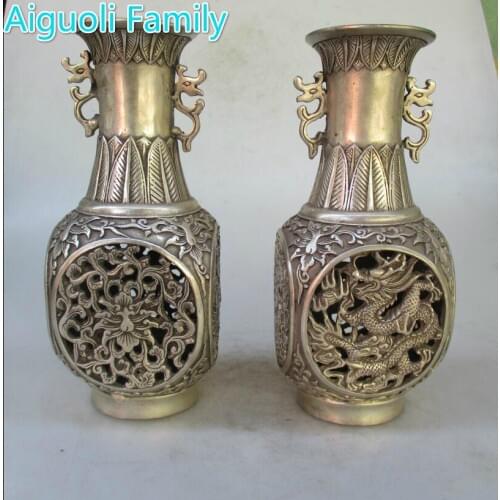 Collectible 1 Pair of Chinese Ming/Qing Dynasty Decorated Old Handmade Tibet Silver Dragon and phoenix Hollow Vase