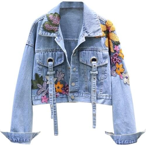 Women jeans Jacket feminine Spring Autumn Sequin Floral Embroidery Denim Jackets Coat Female Short Long Sleeve Outerwear femme