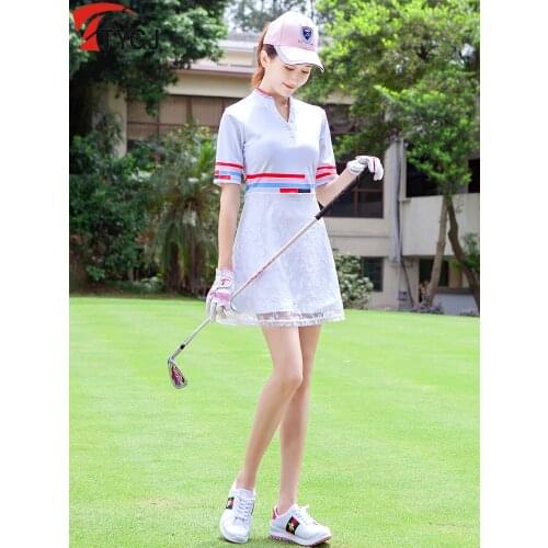 2019 Summer Women Golf Sportswear V Stand Collar High Waist Lace Slim Print Short Sleeve Sports Skirt Soft white shorts Dress
