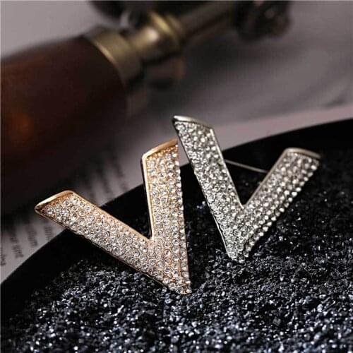 Micro-inlaid Zircon Letter V Brooch for Women Luxury Metal Brand Big Brooches Pin Wedding Girl Quality Men Jewelry Z252