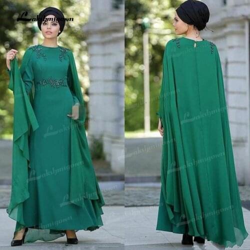Fashion Saudi Arabic Dark Green Mother of the Bride Dresses with Cape Jewel Neck Long Sleeves Wedding Party Dresses Jade 2021