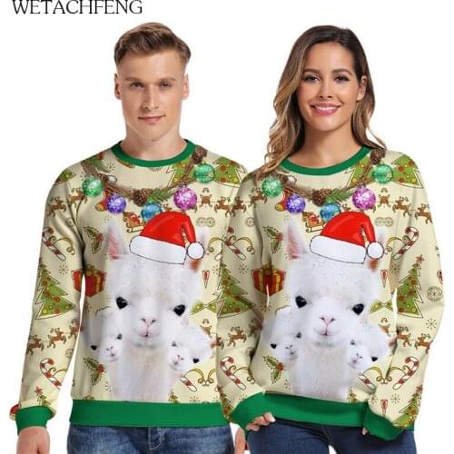 3D Printed Alpaca Christmas Mens Sweaters Funny Cartoon Animal Jumpers Tops Long Sleeve Autumn Winter New Year Sweatshirts Coat