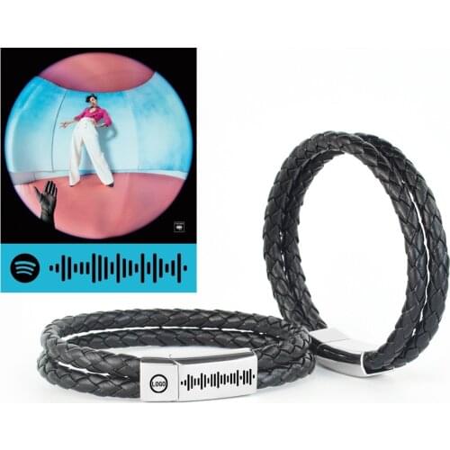 Custom Spotify Code Scannable QR Code Bracelet Personalized Laser Engraved Jewelry Men Punk Leather Braided Bracelet Gift