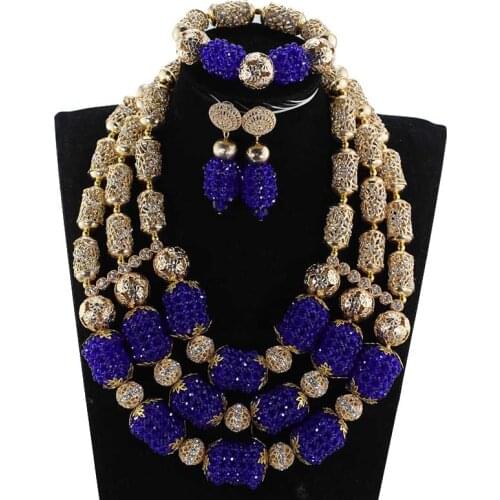 New Royal Blue and Gold Crystal Costume Jewelry Set Blue Nigerian African Wedding Beads Jewelry Set for Women WE205