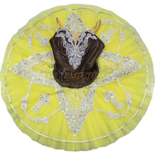 Adult Professional Ballet Tutu Brown Yellow Autumn Fairy Pancake Peformance Tutus Silver Applique Ballet Stage Costume Women
