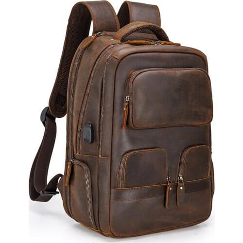 Large-capacity crazy horse leather Men backpack multifunctional outdoor travel backpack charging USB computer student backpacks