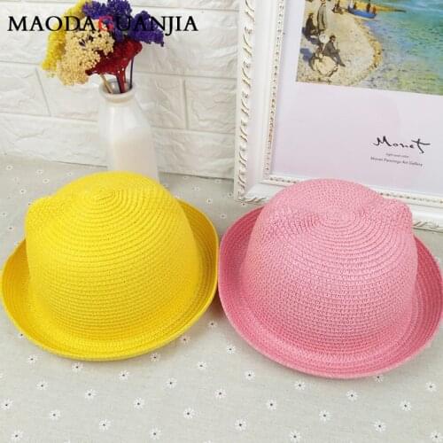 Fashion Lady Sun Straw Hat Cat Ear Beanie Shade Hat Summer Sun Cap Child Boy Beanies Cat Ears Solid Baby Hat Kids Girls Caps