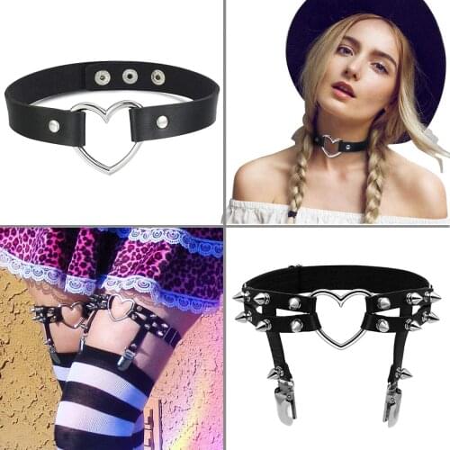 Womens Adjustable Leather Leg Garter Thigh Garter Belt Punk Gothic Garter with Choker Necklace