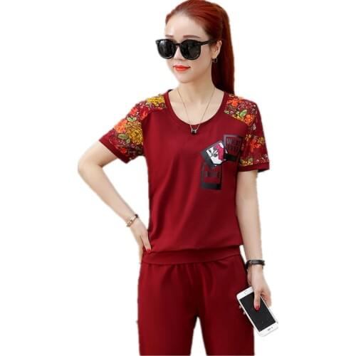 Youth clothing for women summer Sporting suit female clothes Lady clothes set Printing 2 piece set Knitted pullover + pants 1627