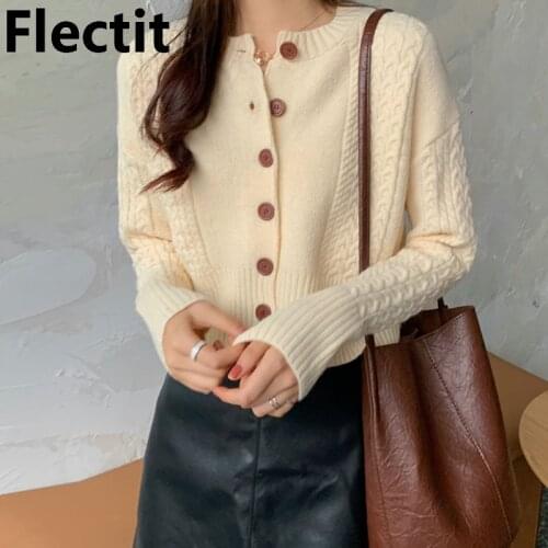 Flectit Women Cable Knit Cardigan With Long Sleeve O-Neck Button Down Sweater Grandma Vintage Spring Autumn Tops