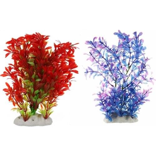 2x Artificial Plastic Water Plant Purple-Blue Deco Of Aquarium & Red Green Color