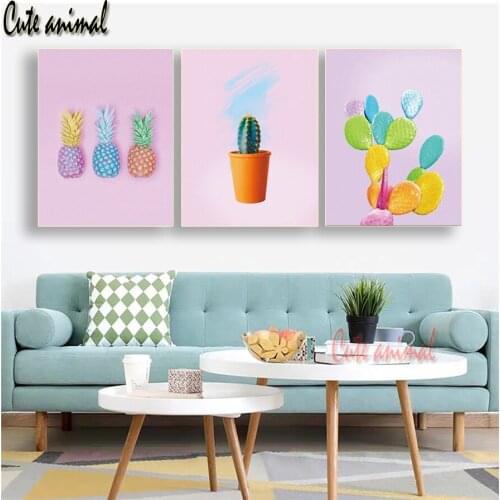 3 Panel Cartoon Cactus Pineapple Diamond Embroidery Full Display 5D DIY Diamond Painting Rhinestones Mosaic Decor Home Art