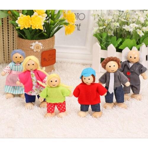 6Pcs Wooden Jointed Dolls Happy Doll Family Miniature Toy Children Muppet Pretend Toys Story-telling Dressed Characters