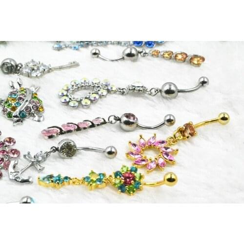 Free shippment 25PCS Body Jewelry-CZ Gems Navel Dangle Belly Button Surgical Steel Navel Piercing 14G Hoop Navel Piercing