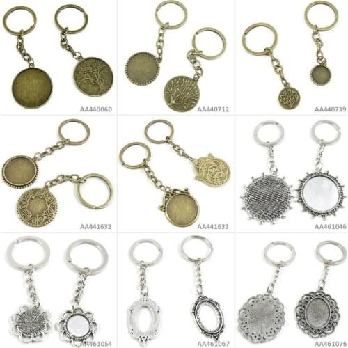 Antique Bronze Silver Tone Keychain Keyring Keytag Oval Cabochon Base Blank Round Oak Frame Blanks Life String Tree Key Chain