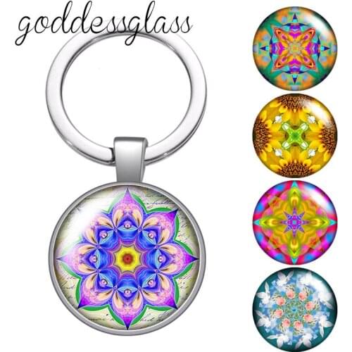 Beauty Pattern Flowers vintage style Round glass cabochon keychain Bag Car key chain Ring Holder Charms keychains gift