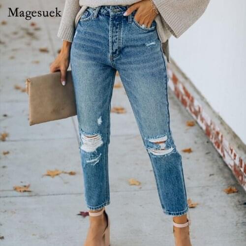 Zipper Washed Denim Jeans for Women Skinny Jeans Women Ripped Hole Jean Ladies Ankle-Length Pencil Pants Do Old Pants 16216