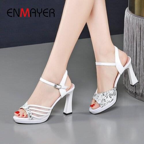 ENMAYER Genuine Leather Buckle Strap Womens Shoes 2020 Luxury Shoes Women Designers Casual Synthetic Mixed Colors High Heels