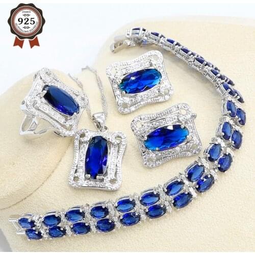 Geometric Blue Sapphire 925 Silver Jewelry Set for Women with Bracelet Hoop Earring Necklace Pendant Ring Gift Box