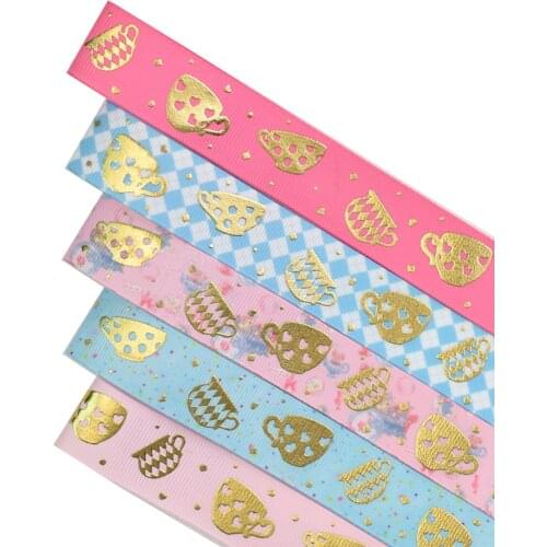 HSDRibbon 22mm 7/8inch HSD-Genuine Pattern cup Gold Foil Printed on Grosgrain Ribbon 50Yards/Roll