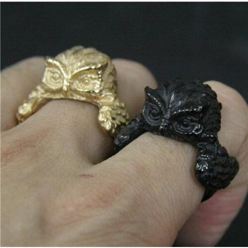 Band Party Fashion Animal Owl Ring 316L Stainless Steel Mens Ring Cool Punk Golden Black Ring