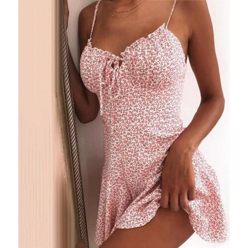 Summer dress Women Sexy Spaghetti Straps Chest Bandage Floral Print Large Hem Slim Mini Dress Bodycon Sexy Party Mini Dress