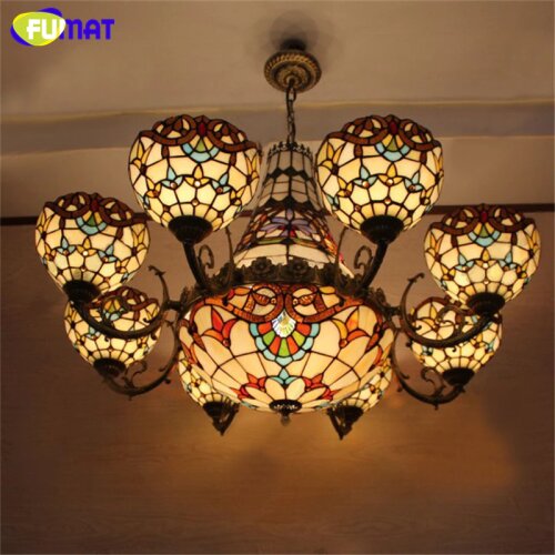 FUMAT Baroque Chandelier European Vintage Glass Stained Suspension Light Living Room Bar Cafe Hanging Lamp Pendientes Lustre