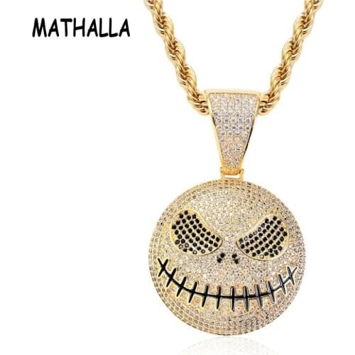 MATHALLA Bling Iced Out Ghost Mask Pendant Necklace with Gold Silver Colors Cubic Zircon Hip-hop Jewelry For Halloween Gift
