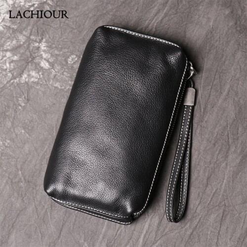 Men Genuine Leather Business Hand Phone Clutch Wallet Black Male Real Leather Handbag Mens Wrist Bag Large Coin Bag Purse
