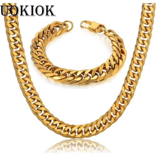 14MM Mens Boys Miami Cuban Link Bracelet & Chain Set Heavy Thick Gold Color Stainless Steel Hip Hop Necklace Chain Jewelry Sets