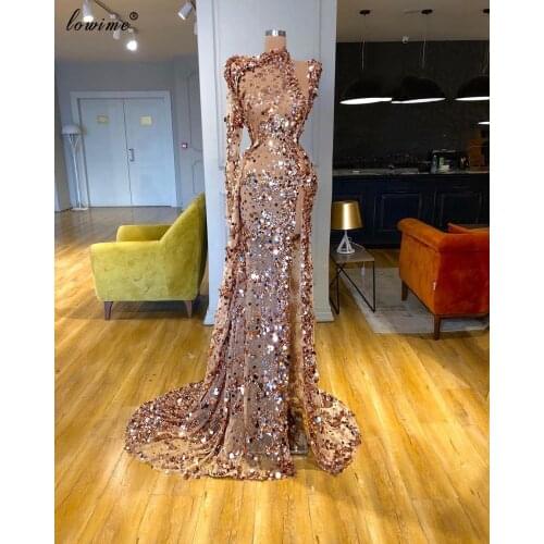 Newest Shiny Sequins Muslim Evening Dresses Long One Shoulder Evening Gowns Mermaid Illusion Prom Dresses Woman Party Night