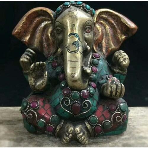 Collection original Tibetan gilt turquoise Copper Buddha statue/Tibet handwork Inlaid gemstones Ganesha sculpture 002