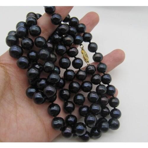 REAL 34" 8-9MM TAHITIAN NATURAL BLACK PEARL NECKLACE YELLOW k GOLD CLASP