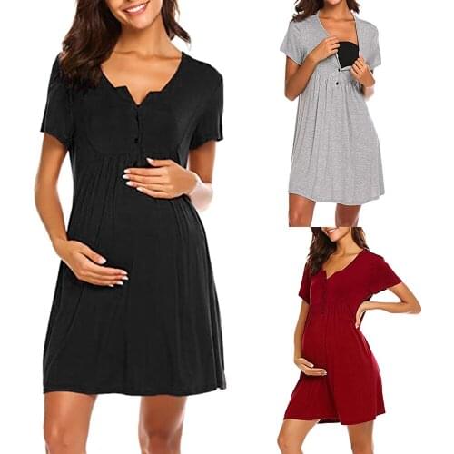 Maternity Dresses Pregnant Women Nursing Dress Short sleeve solid color breastfeeding skirt loose Pregnancy Dress Summer D30