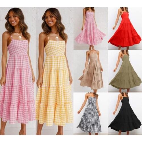 Spaghetti Strips Backless Hollow Out Summer Dress Sexy Sling Halter Lace-Up Big Swing Dress Womans Plaid 2021 New Dresses Robes