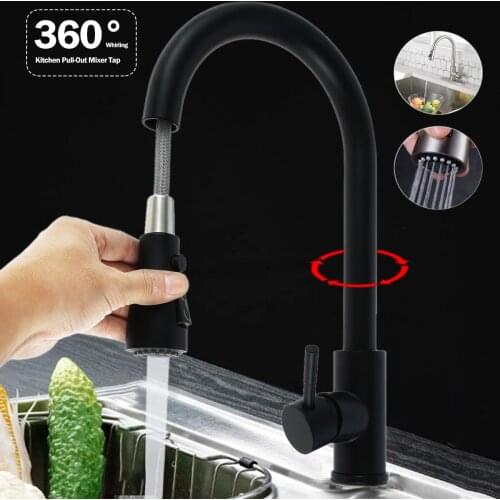 360 Degree Rotation Stream Sprayer Nozzle Brushed Nickel Black Kitchen Faucet Single Hole Pull Out Spout Kitchen Sink Mixer Tap