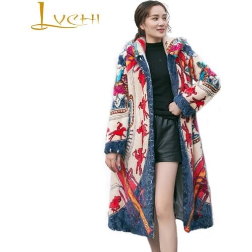 LVCHI Winter 2019 Import Real Mink Fur Coats Womens Long Sleeve With Hat Coat Full Pelt Causal Print Colorful Medium Mink Coats