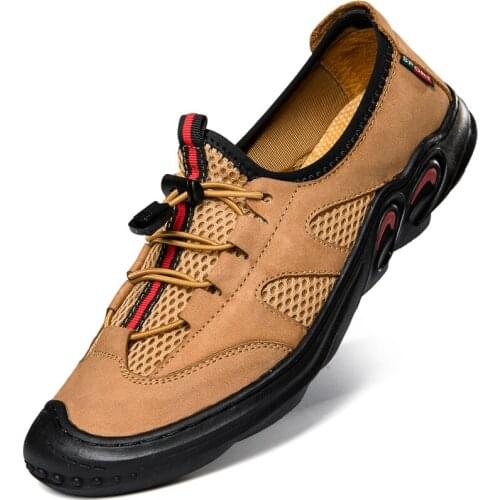 Summer Cool Breathable Mesh Mens Shoes Luxury Genuine Grind Arenaceous Cow Leather Mens Casual Shoes Elastic Band Sport Shoes