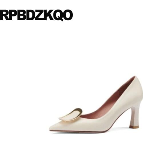 Shoes Elegant Pointed Toe High Heels 2021 Women Genuine Leather 3 Inch Korean Size 33 Metal Block Beige Ladies Walking Pumps
