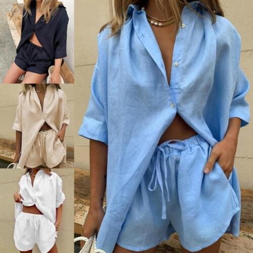 Casual Women Outfit Lapel Single-breasted Summer Breathable Long Sleeve Shirt Wide Leg Drawstring Short Vacation Party Solid Col