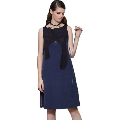 Steam Punk Womens Dresses Blue Red 2 Tone Patchwork Short Dress O-Neck Sleeveless Straight Dress Summer