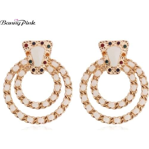 Banny Pink Hand Weaving Flannel Pendant Studs Earrings For Women Big Hollow Round Circle Statement Earring Geo Statement Earring