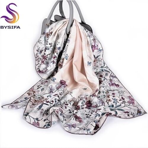 [BYSIFA] Women Pure Silk Scarf Cape Elegant Khaki Grey Floral Design Twill Square Scarves Shawls Fall Winter Scarfs Foulard Soie