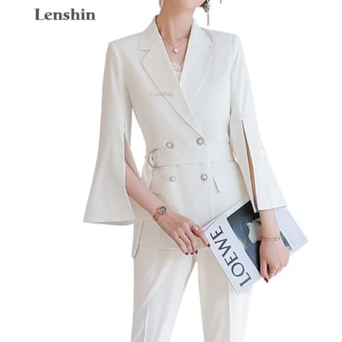 Lenshin 2 Pieces Set Women Split flared sleeves Pant Suit Office Lady Formal Female Soft Double Breasted Blazer with Trouser