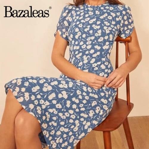 Bazaleas Palace O Neck women dress Vintage Petal sleeve Blue Dress Fashion Chiffon Floral Print vestidos