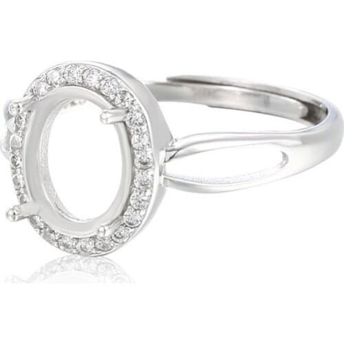 Ring Setting for 7x9mm Oval Cabochons Ring Base White Gold Plated 925 Silver Zircon Adjustable Ring Blank SR0247