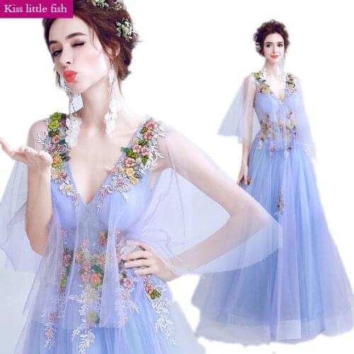 2122 Free shipping Light blue elegant V Neck Flower Long prom dresses 2019 vestido de festa